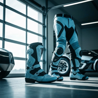 Professional motorcycle riding boots and protective pants displayed together
