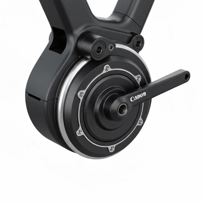 Close up of an e-bike motor and pedal assembly