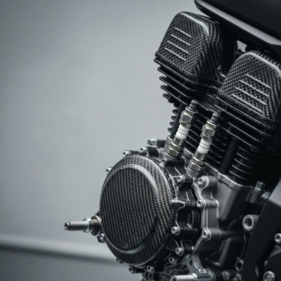 Close-up of a high-tech motorcycle engine and carbon fiber fairing