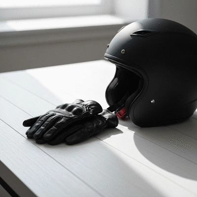 Modern motorcycle helmet and gloves on a wooden table