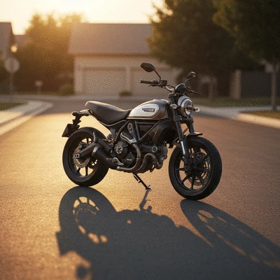 Professional photo of a modern motorcycle parked on a clean suburban street