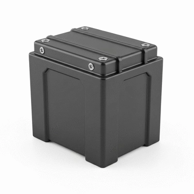 Close up of a motorcycle lithium-ion battery unit with sleek metallic finish