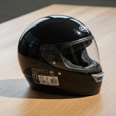 Modern motorcycle helmet with safety certification stickers on a wooden table