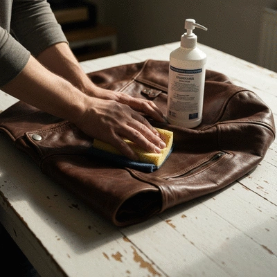 Close-up of a person cleaning a textile motorcycle jacket with a soft sponge and specialized detergent