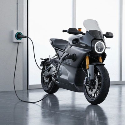 Modern electric motorcycle charging in a bright garage