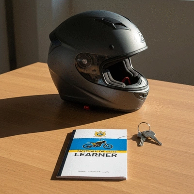 Modern motorcycle helmet and learner handbook on a wooden table