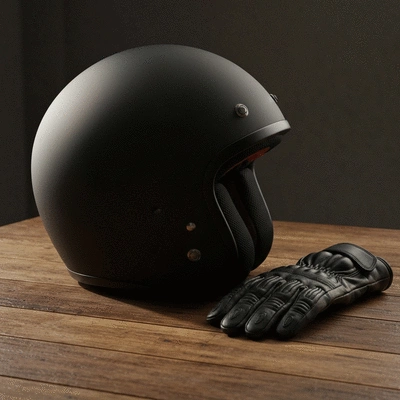 Modern motorcycle helmet and gloves resting on a wooden table