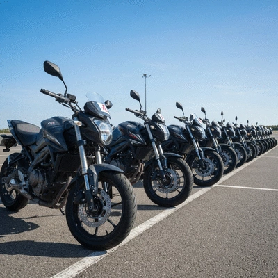 A row of learner motorcycles parked at a training facility