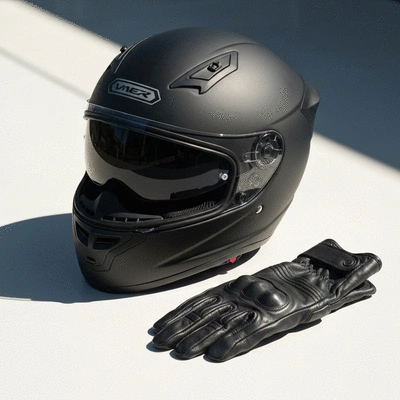 Modern full-face motorcycle helmet and leather gloves on a wooden table