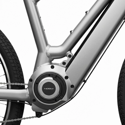 Close up of a premium mid-drive e-bike motor integrated into a bicycle frame
