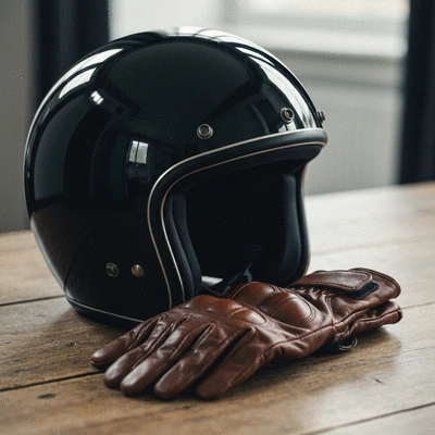 Lifestyle shot of a motorcycle helmet and gloves resting on a wooden table