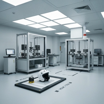 Professional laboratory setup for motorcycle helmet impact testing