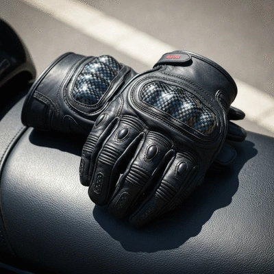 Close-up of leather motorcycle gloves with carbon fiber knuckles